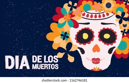Dia de los muertos day vector illustration. Day of The Dead with smiling sugar festive female skull, surrounded by colorful flowers. Halloween poster background, greeting card or t-shirt design