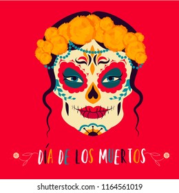 Dia de los muertos. Day of the Dead. Traditional carnival symbol, Catrina. Decoration Banner Invitation Flat Vector Illustration