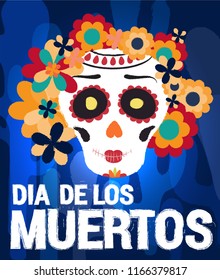 Dia de los muertos day vector illustration. Day of The Dead with smiling sugar festive female skull, surrounded by colorful flowers. Halloween poster background, greeting card or t-shirt design