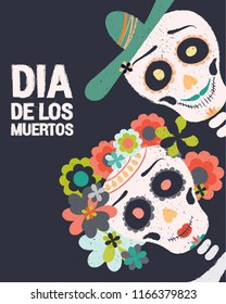 Dia de los muertos day vector illustration. Day of The Dead with smiling sugar skulls couple, surrounded by colorful flowers. Halloween poster background, greeting card or t-shirt design