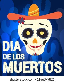 Dia de los muertos day vector illustration. Day of The Dead with smiling sugar festive skull, surrounded by colorful flowers. Halloween poster background, greeting card or t-shirt design