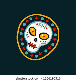 Dia de los muertos. Day of The Dead illustration with sugar festive skull on dark background. Cartoon vector illustration.