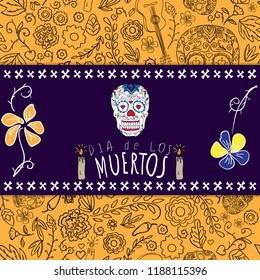 Dia de los muertos. Day of The Dead card with skull. Vector illustration