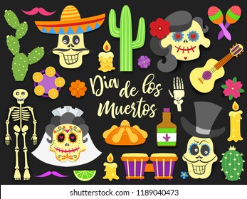 Dia de los muertos. Day of the Dead traditional mexican holiday elements set. Paper cut style flat icons with shadow on black background. Vector illustration