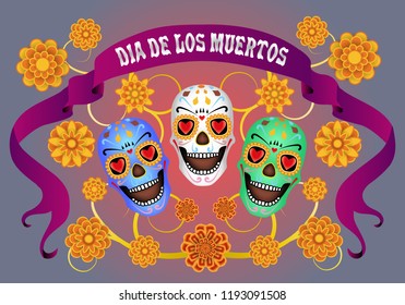 Dia de los Muertos, Day of the Dead, banner with vintage ribbon and the text, color sculls and flowers. Black blue background. Vector illustration.