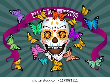 Dia de los Muertos, Day of the Dead, banner with vintage ribbon and the text, scull and color butterflies. Black blue background. Vector illustration.