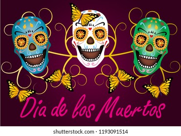 Dia de los Muertos, Day of the Dead, banner with text, color sculls and butterflies. Black red background. Vector illustration.