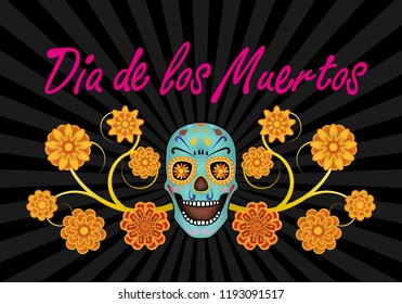Dia de los Muertos, Day of the Dead, banner with text, scull and flowers. Black background. Vector illustration.