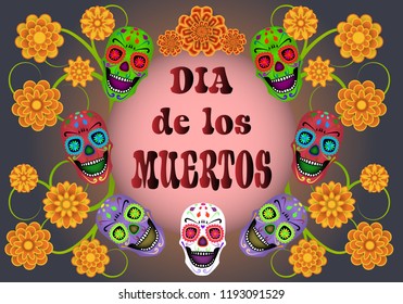 Dia de los Muertos, Day of the Dead, banner with text, color sculls and flowers. Black blue background. Vector illustration.