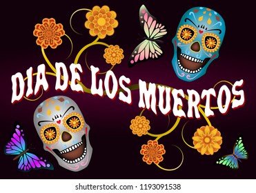 Dia de los Muertos, Day of the Dead, banner with text, color sculls, color butterflies and flowers. Black red background. Vector illustration.