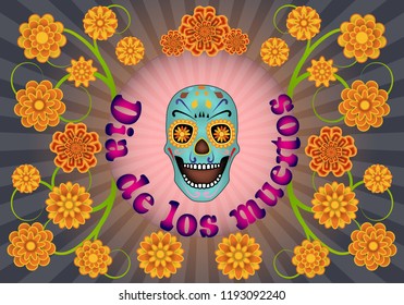 Dia de los Muertos, Day of the Dead, banner with text, scull and flowers. Black pink gradient background. Vector illustration.