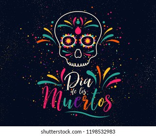 Dia de los Muertos or day of the Dead. Skull banner for mexican halloween celebration. Traditional mexico skeleton decoration with flowers and sugar skull colorful art. Day dead holiday. Vector