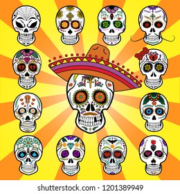 Dia de los muertos. Day of the dead. Flat scull skeleton mexican set holiday halloween