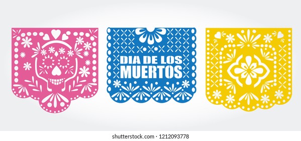 Dia de los muertos (day of the dead) Mexican  traditional bunting banner vector. Papel picado template.