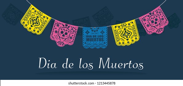 Dia de los muertos (day of the dead) Mexican  traditional bunting banner vector. Papel picado template.