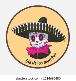 Dia de los muertos the day of the dead a vector illustration shows a cute dead character on a round background the one wears a hat sombrero it has white skull, black hat sombrero and purple cravat the