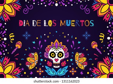 Dia de los Muertos, Day of the Dead vector illustration. Design for banner or party flyer with sugar skull, flowers and decorative border.