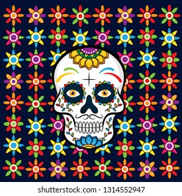 Dia de los Muertos, Day of the Dead vector illustration. Design for banner or party flyer with sugar skull, flowers and decorative border. - Vector