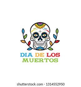 Dia de los Muertos, Day of the Dead vector illustration. Design for banner or party flyer with sugar skull, flowers and decorative border. - Vector