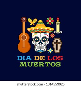 Dia de los Muertos, Day of the Dead vector illustration. Design for banner or party flyer with sugar skull, flowers and decorative border. - Vector