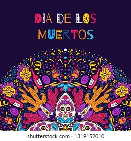 Dia de los Muertos, Day of the Dead vector illustration. Round design for card, banner or flyer with sugar skull and floral elements.