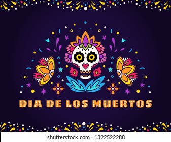 Dia de los Muertos, Day of the Dead vector illustration. Design for banner or party flyer with sugar skull, flowers and decorative border.