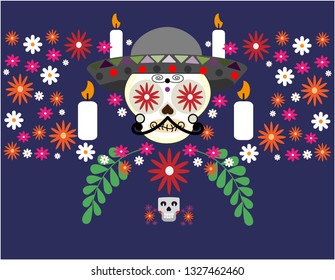 Dia de los muertos, Day of the dead Vector poster, banner and card with make up of sugar skull, man and flowers on dark background