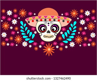 Dia de los muertos, Day of the dead Vector poster, banner and card with make up of sugar skull, man and flowers on red background