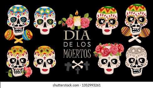  Dia de los muertos is Day of the dead in Spanish. Mexican skulls set. Mexican holiday. Skull symbols. Latin Gothic labels