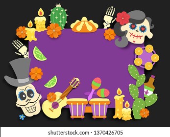 Dia de los muertos. Day of the Dead traditional mexican holiday flyer.Paper cut style flat decoration with shadow on black background. Vector illustration