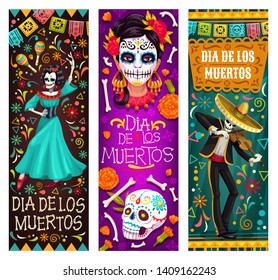 Dia de los Muertos or Day of Dead Mexican holiday banners. Vector skeleton in sombrero playing violin and woman with calavera skull painting dancing on traditional Dia de los Muertos celebration