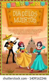 Dia de los Muertos or Day of Dead Mexican traditional holiday. Vector man skeleton in sombrero with guitar and woman with calavera skulls dancing at church on Dia de los Muertos celebration