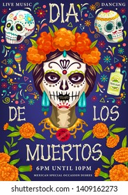 Dia de los Muertos, Day of dead party. Vector Dia de los Muertos traditional calavera skull with marigold floral pattern, fiesta tequila and maracas with skeleton bones lettering greeting