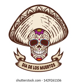 Dia de los muertos (day of the dead). Mexican sugar skull in sombrero. Design element for poster, logo, label, sign, card, banner. Vector illustration