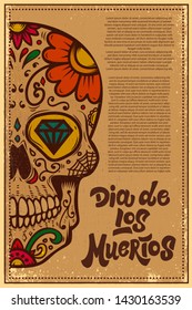 Dia De Los Muertos (Day Of The Dead). Mexican Sugar Skull On Grunge Background. Design Element For Poster, Logo, Label, Sign, Card, Banner. Vector Illustration