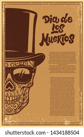 Dia de los muertos (Day of the dead). Mexican sugar skull on grunge background. Design element for poster, logo, label, sign, card, banner. Vector illustration