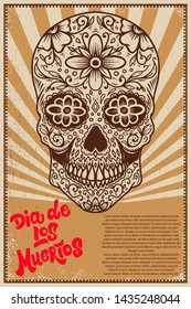 Dia de los muertos (Day of the dead). Mexican sugar skull on grunge background. Design element for poster, logo, label, sign, card, banner. Vector illustration