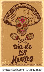Dia de los muertos (Day of the dead). Mexican sugar skull on grunge background. Design element for poster, logo, label, sign, card, banner. Vector illustration