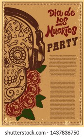 Dia de los muertos (Day of the dead). Mexican sugar skull on grunge background. Design element for poster, logo, label, sign, card, banner. Vector illustration