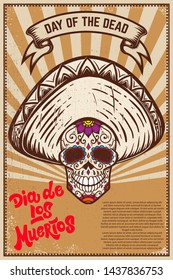 Dia de los muertos (Day of the dead). Mexican sugar skull on grunge background. Design element for poster, logo, label, sign, card, banner. Vector illustration