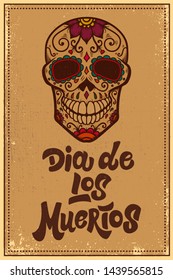 Dia De Los Muertos (Day Of The Dead). Mexican Sugar Skull On Grunge Background. Design Element For Poster, Logo, Label, Sign, Card, Banner. Vector Illustration