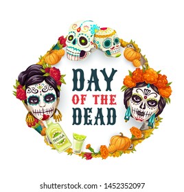 Dia de los Muertos, Day of Dead Mexican fiesta party, woman catrina calavera skull in marigold flowers wreath. Vector Day of Dead holiday in Mexico poster, altar photos, pumpkins and Mexican tequila