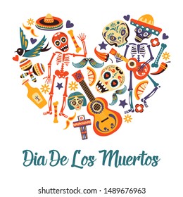 Dia de los Muertos, Day of dead greeting card, Mexican sugar skull and skeleton vector. Mexico symbols in heart shape, cross and guitar, maracas and chili pepper. Candles and tequila, ornate bones