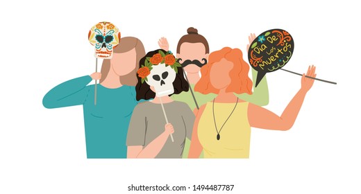 Dia De Los Muertos. Day of the Dead. Group of friends make holiday dinner photo with photo sticks. Stock vector