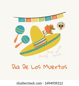 Dia De Los Muertos. Day of the Dead greeting card template hand drawn cartoon style sombrero, skull, marigold, mexican maraca holiday concept. Stock vector