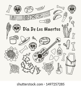 Dia de los Muertos or Day of the Dead hand drawn doodle style mexican symbols concept. Stock vector