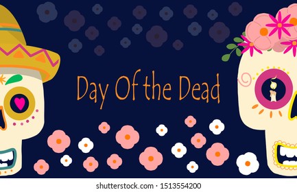 Dia de los muertos, Day of the dead, Mexican holiday, festival. Vector poster, banner and card with make up of sugar skull, woman and man