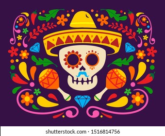 Dia de los muertos, Day of the dead, Mexican holiday, festival. Vector poster, banner and card with sugar skull, 