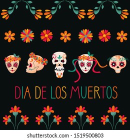 Dia de los Muertos. Day of the Dead. Mexican sugar skulls on dark background with floral elements.