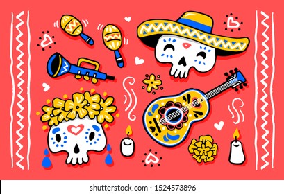 Dia de los Muertos - Day of the Dead - traditional mexican holiday. Vector illustration for invitation, banner, poster, t-shirt print, greeting card. EPS 10.